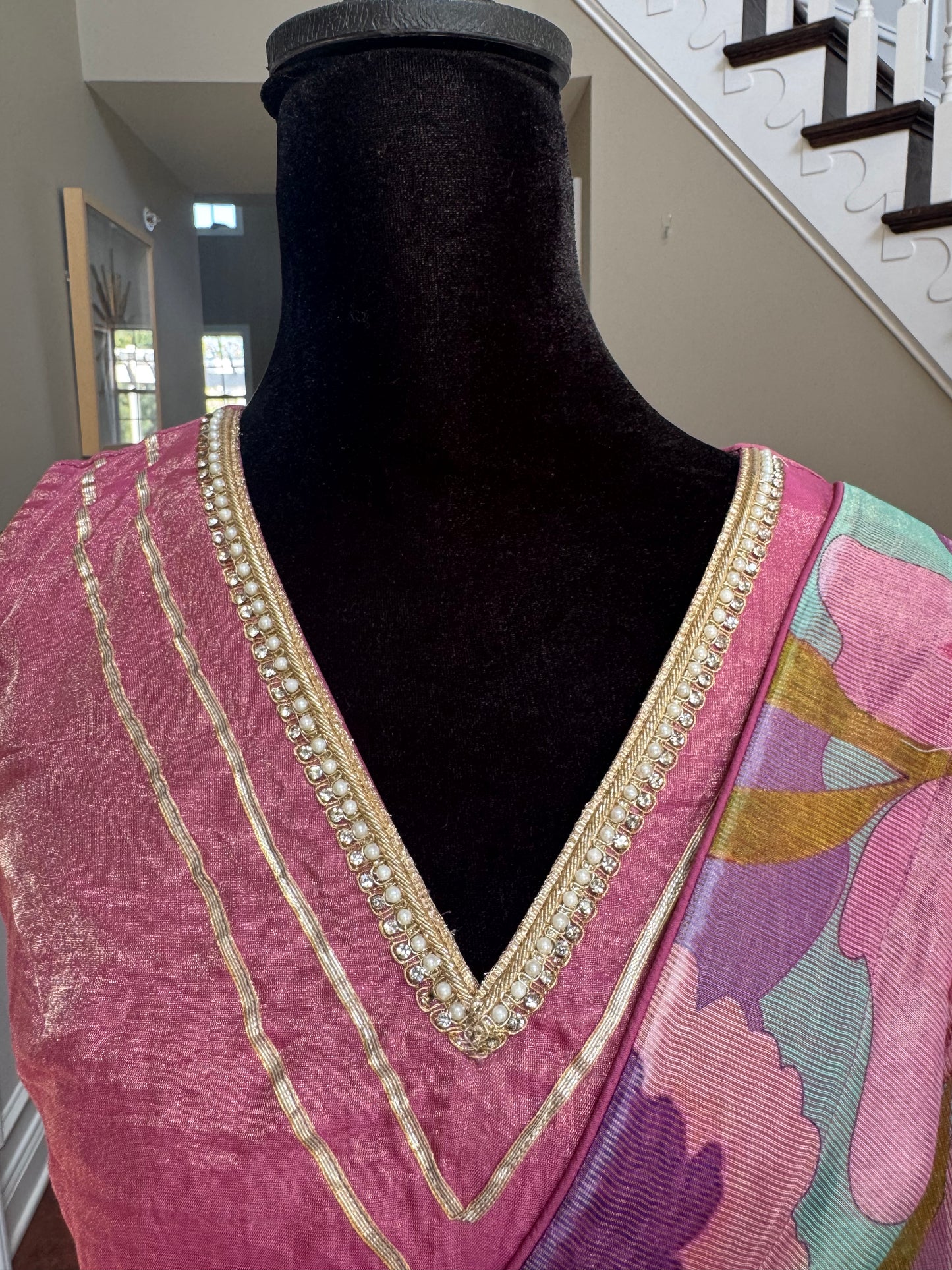 Floral Pink Tissue Chanderi Stripe Saree with Blouse