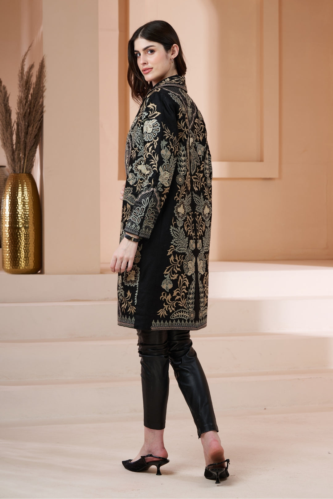 Embroidered Wool Long Coat
