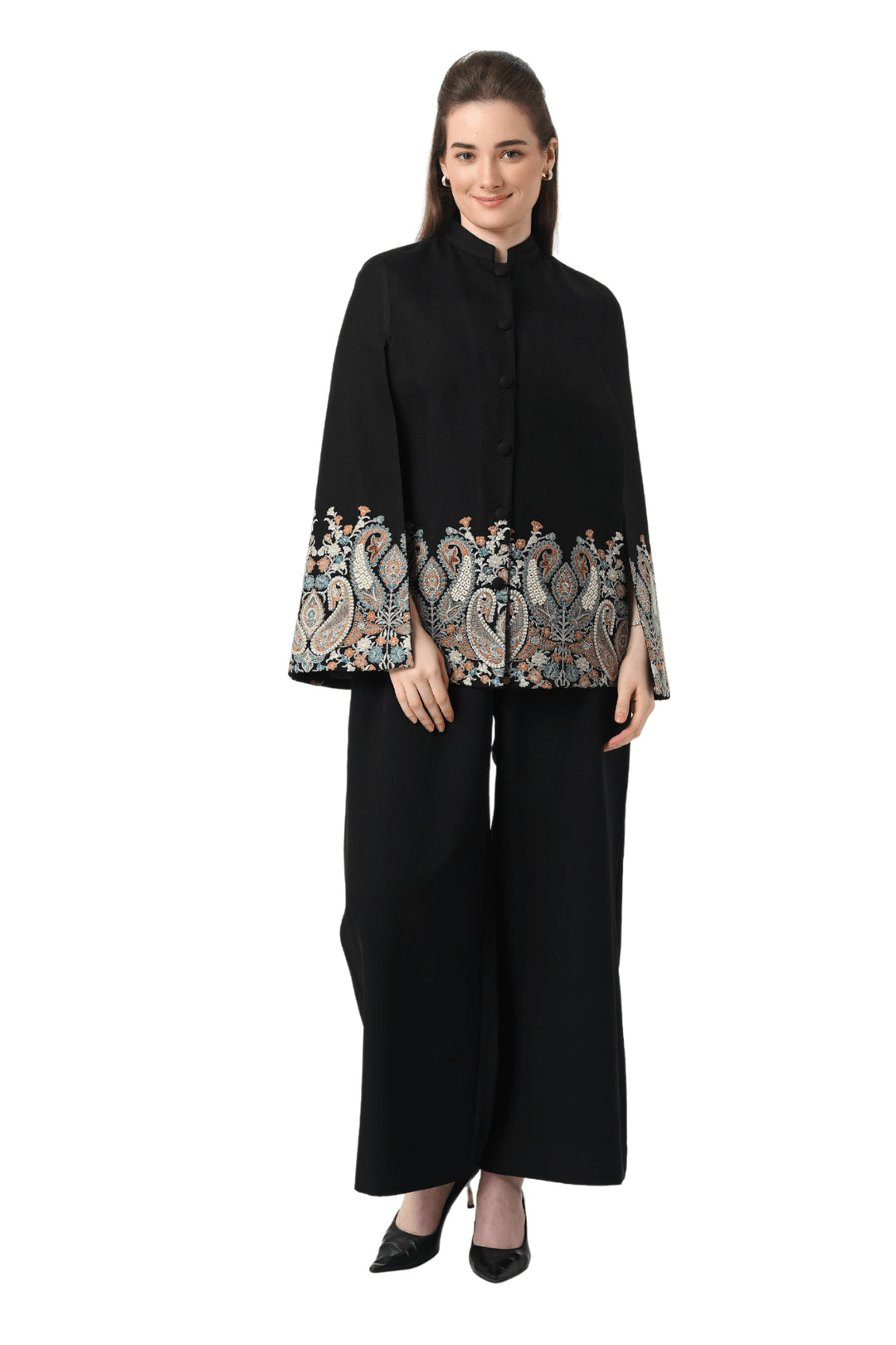 Paisley Embroidered Wool Cape