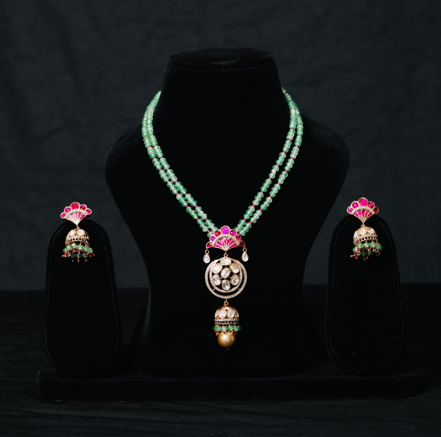 Kundan Pendant Necklace Set with Green Beads & Fan-Shaped Pink Meenakari Earrings