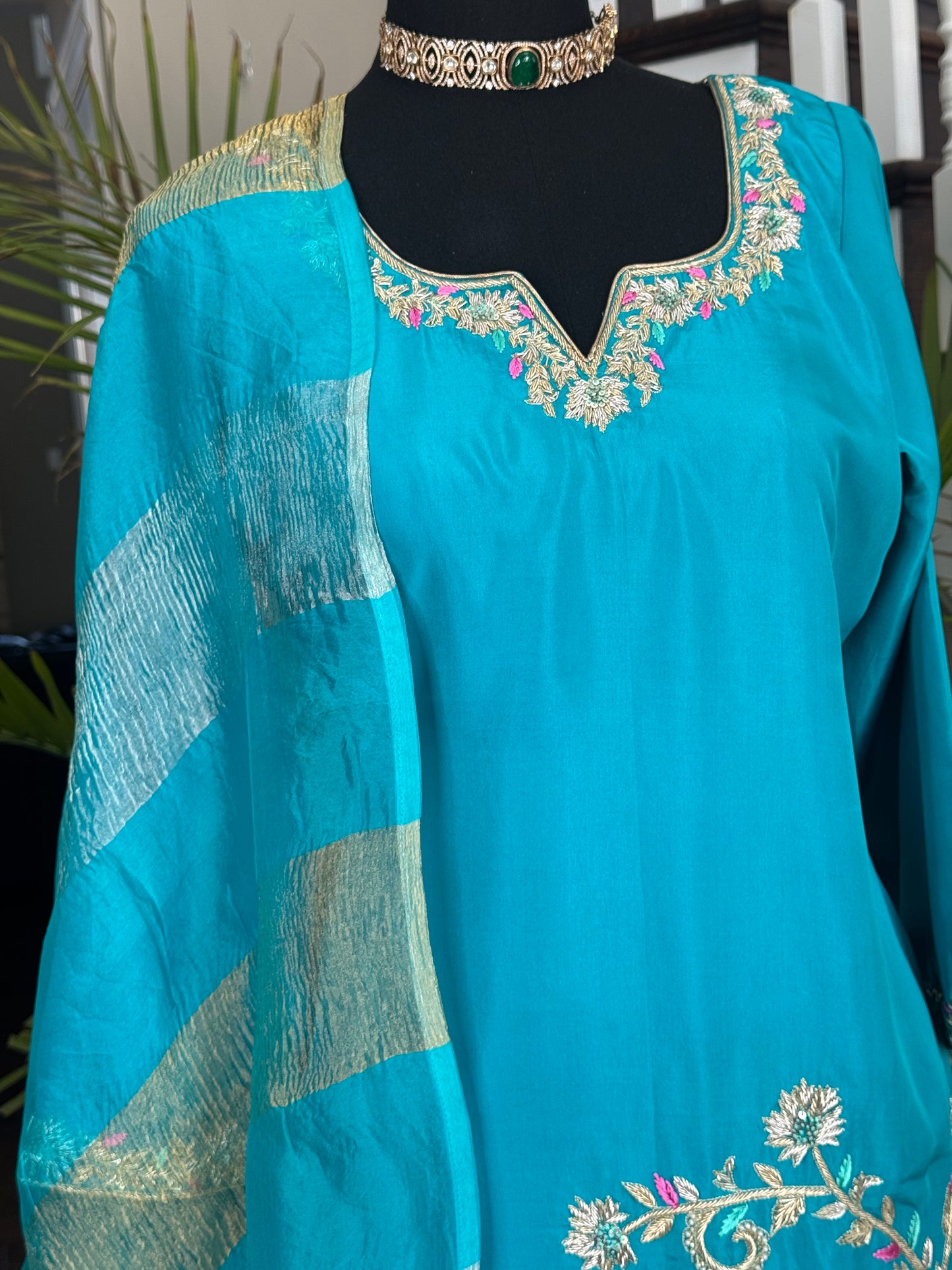 Teal Crepe Kurta Set with Hand Embroidery