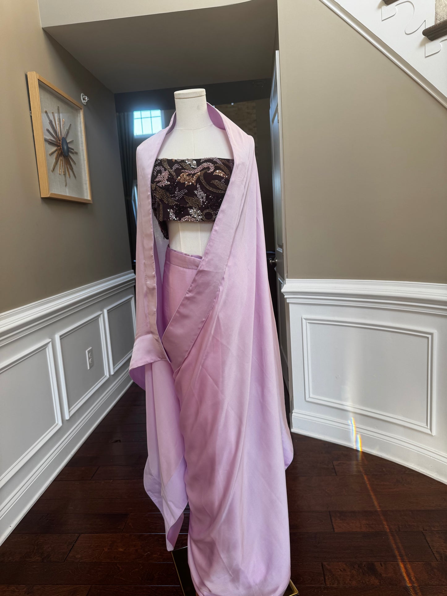 Lilac Satin Pre-Stitched Saree with Embroidered Net Blouse