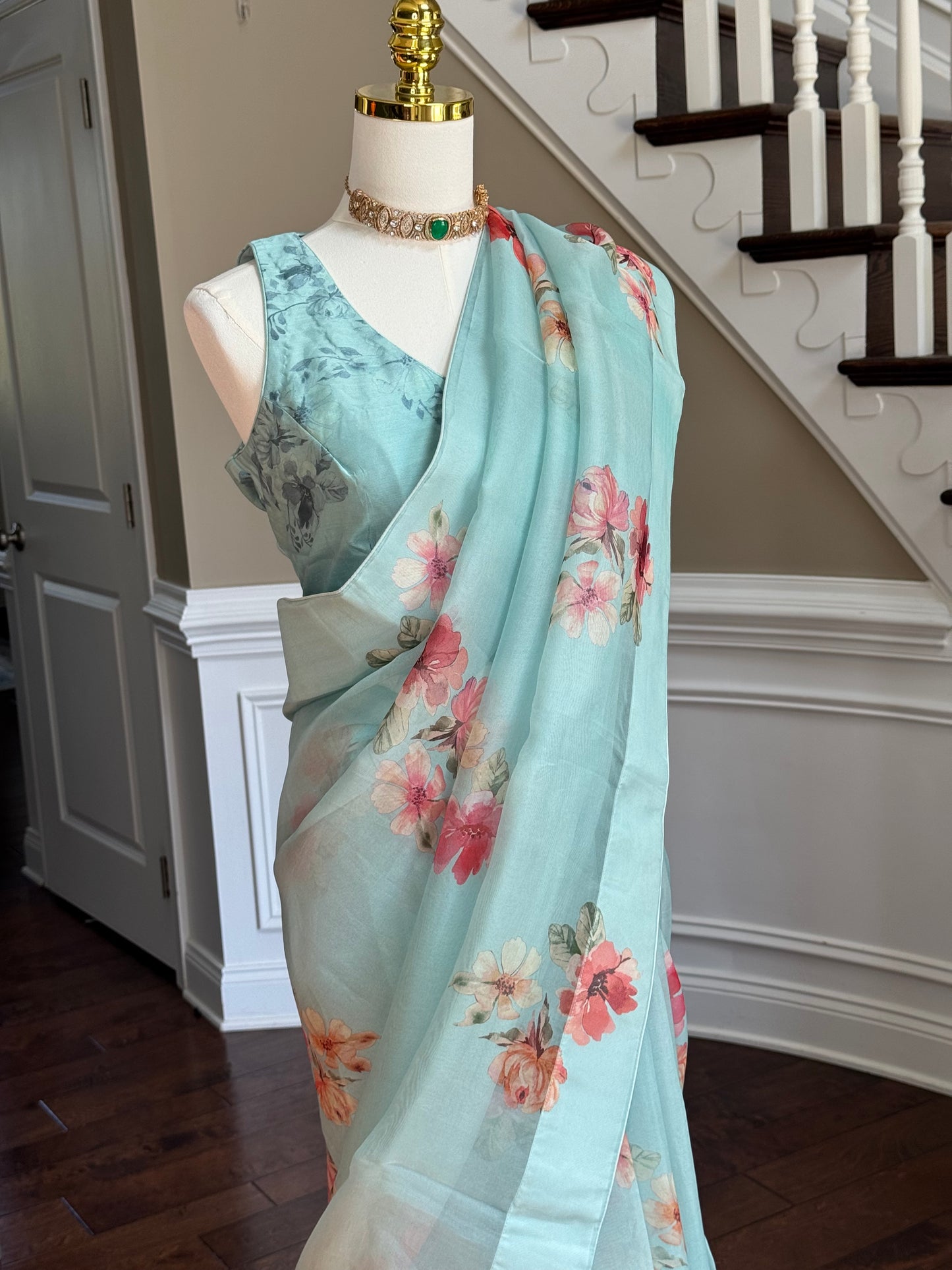 Floral Organza Saree with Stitched Blouse – Soft Aqua