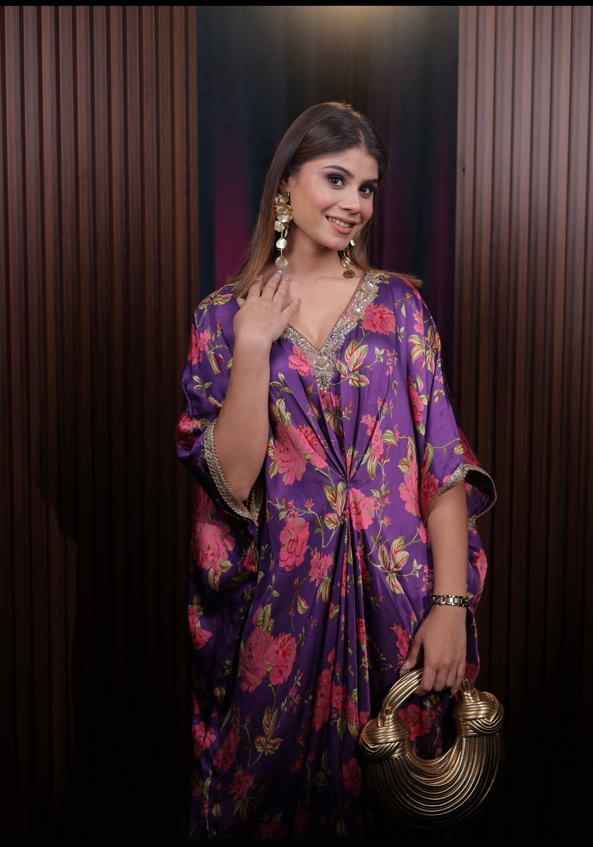 Purple Floral Modal Satin Kaftan with Hand Embroidered Neckline