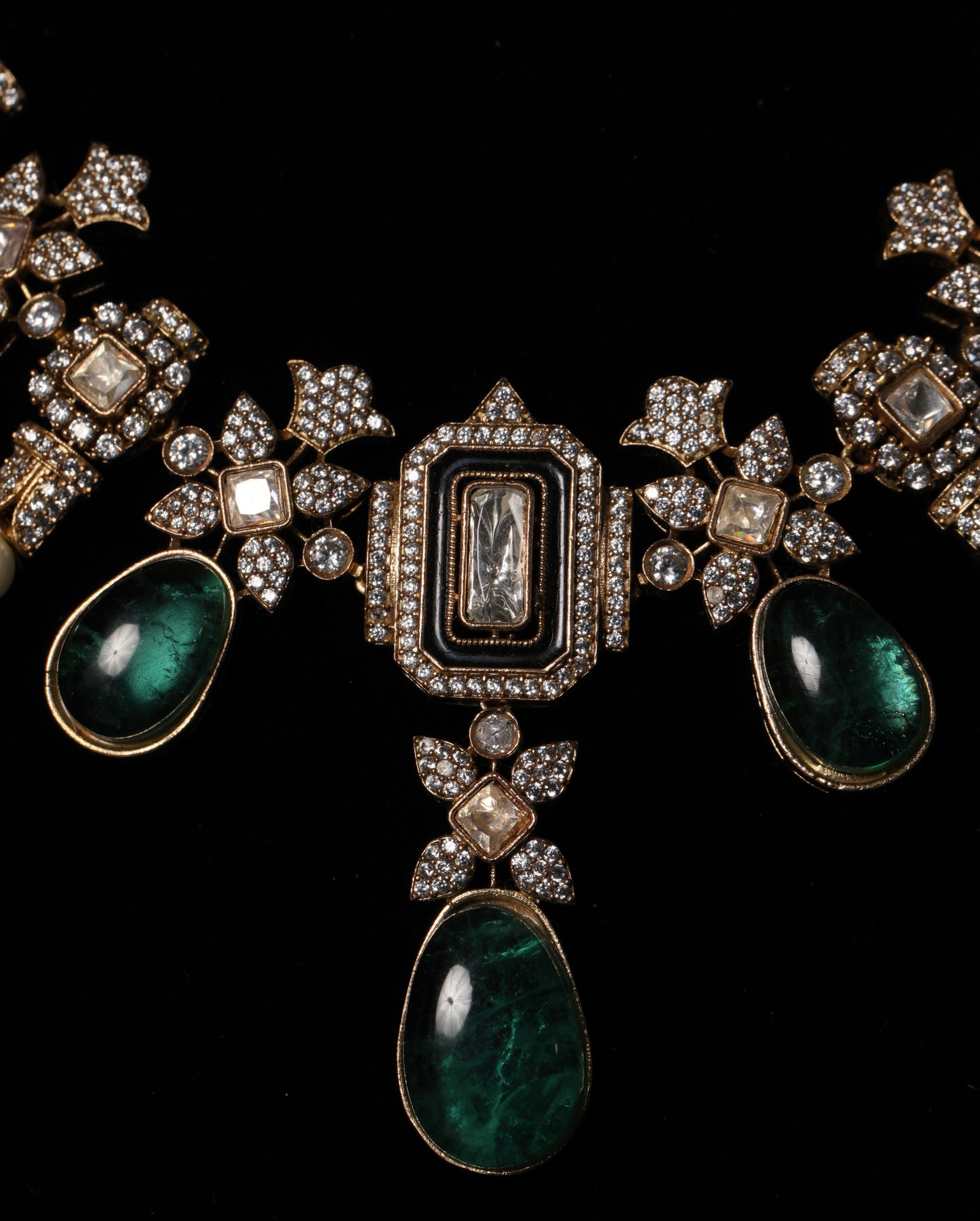 Moissanite Diamond Look Necklace Set with Emerald Green Drops & Pearl Accents