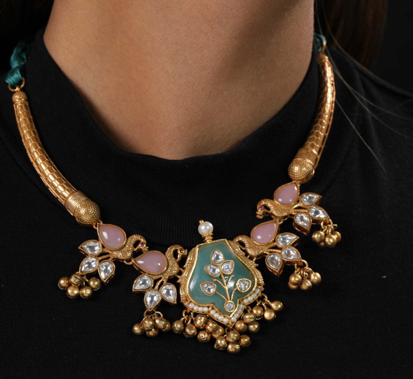 Antique Gold Meenakari Necklace Set with Kundan Accents