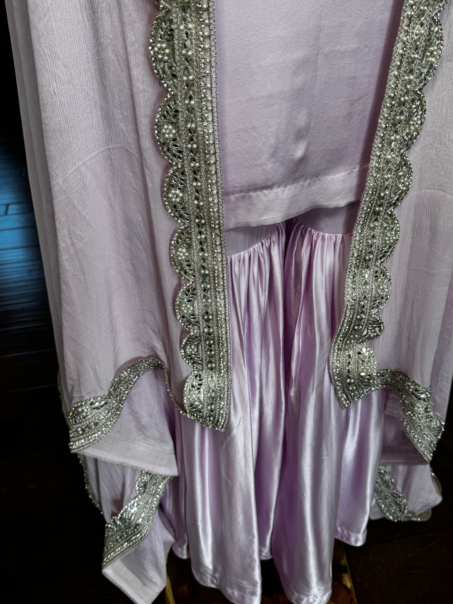 Lilac Satin Gharara Set with Lace Organza Dupatta