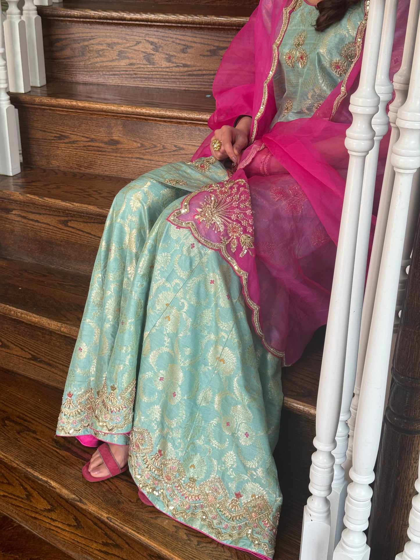 Aqua Zari Raw Silk Gharara Set with Organza Dupatta