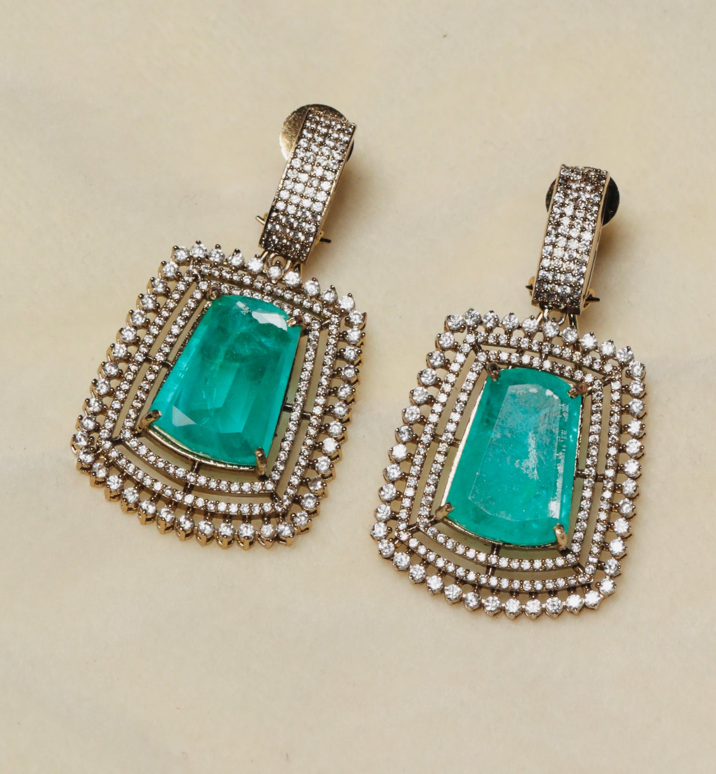 Victorian Polish Emerald Green Statement Earrings with CZ Detailing