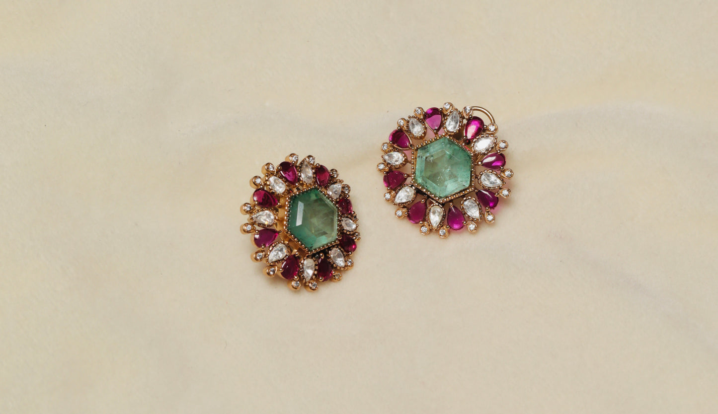 Round Emerald Green Stud Earrings with Ruby & CZ Teardrop Halo