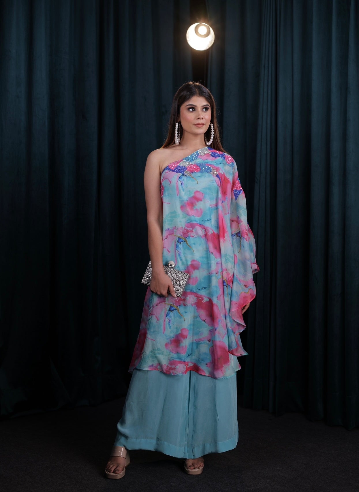 Aqua Pink One-Shoulder Printed Dress with Sequin Detail