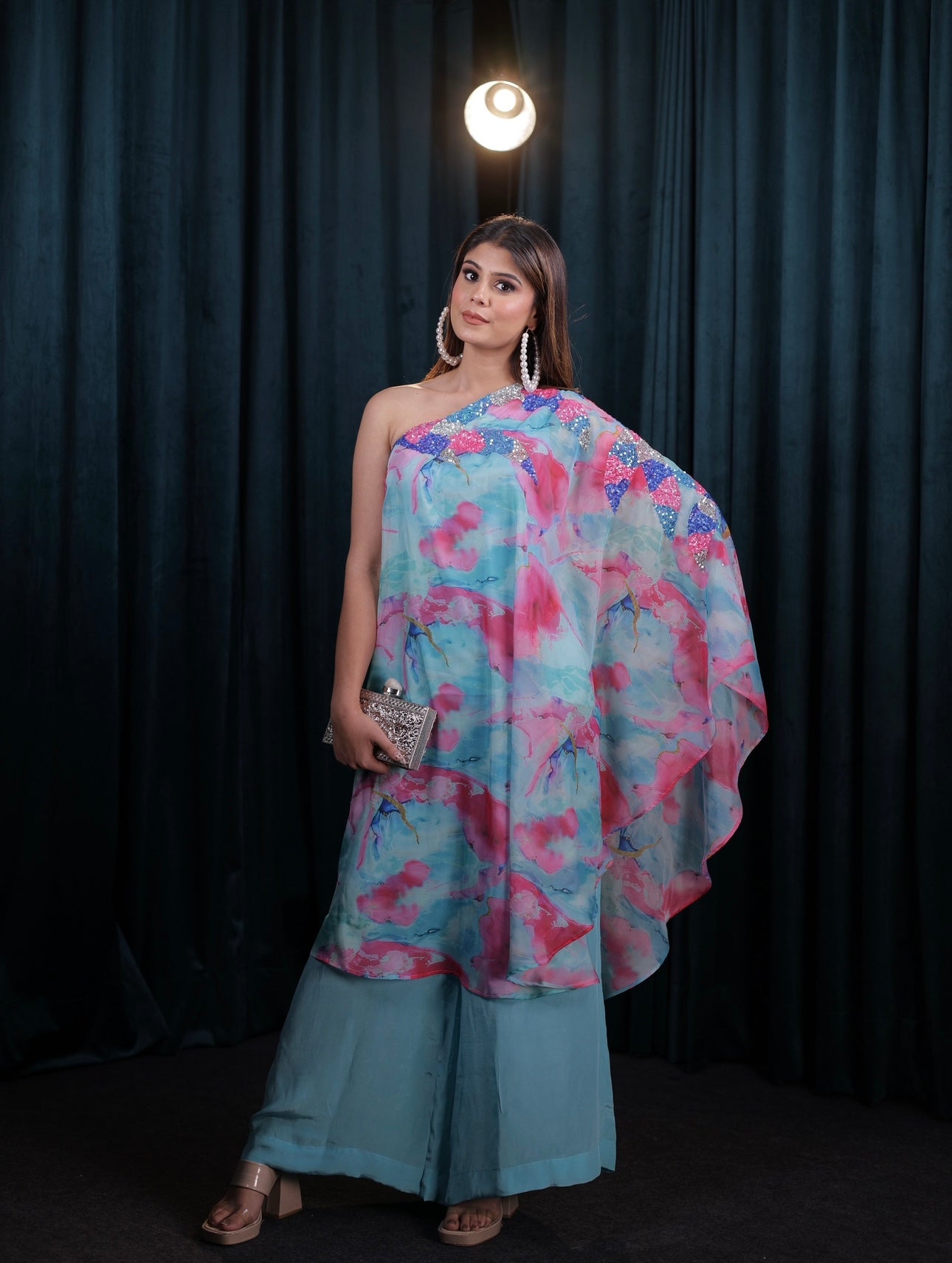 Aqua Pink One-Shoulder Printed Dress with Sequin Detail