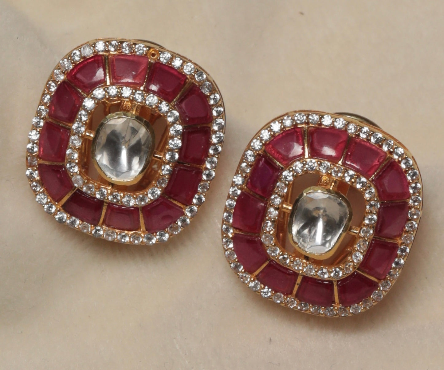 Elegant Ruby Red and CZ Stud Earrings in Silver