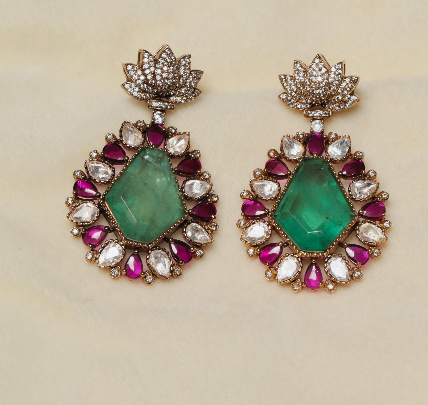 Lotus Top Statement Earrings with Green Center Stone & Ruby Kundan Accents