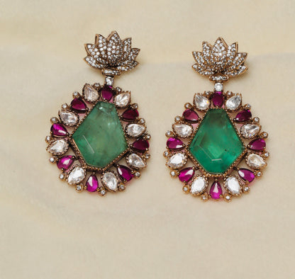 Lotus Top Statement Earrings with Green Center Stone & Ruby Kundan Accents