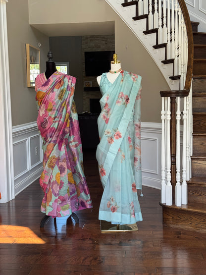 Floral Pink Tissue Chanderi Stripe Saree with Blouse