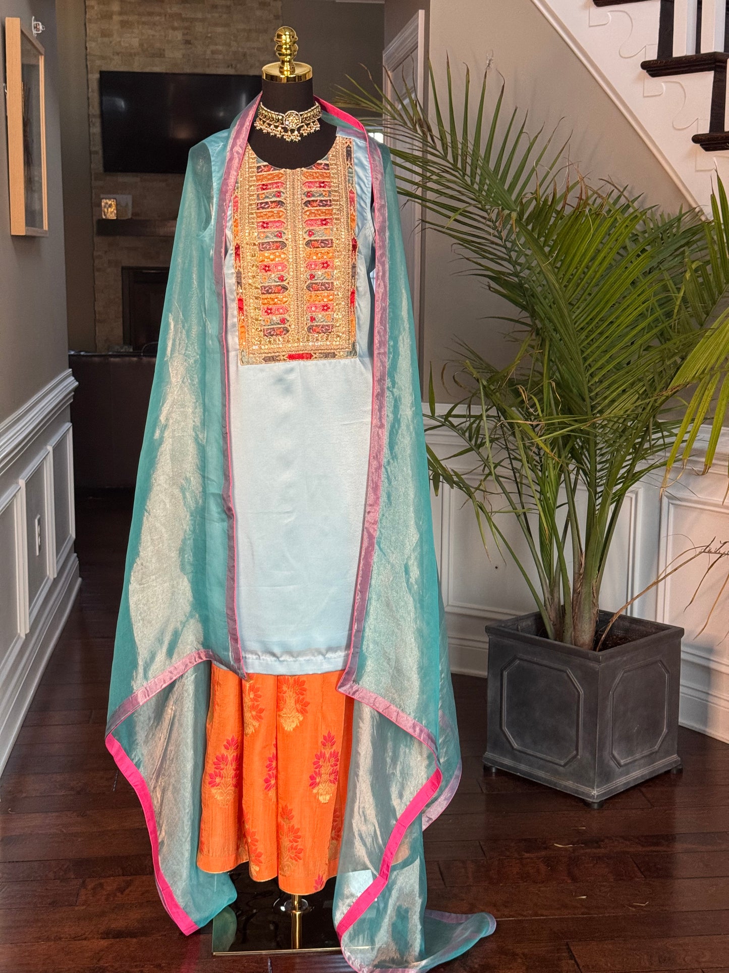 Sky Blue Semi-Banarasi Sharara Set