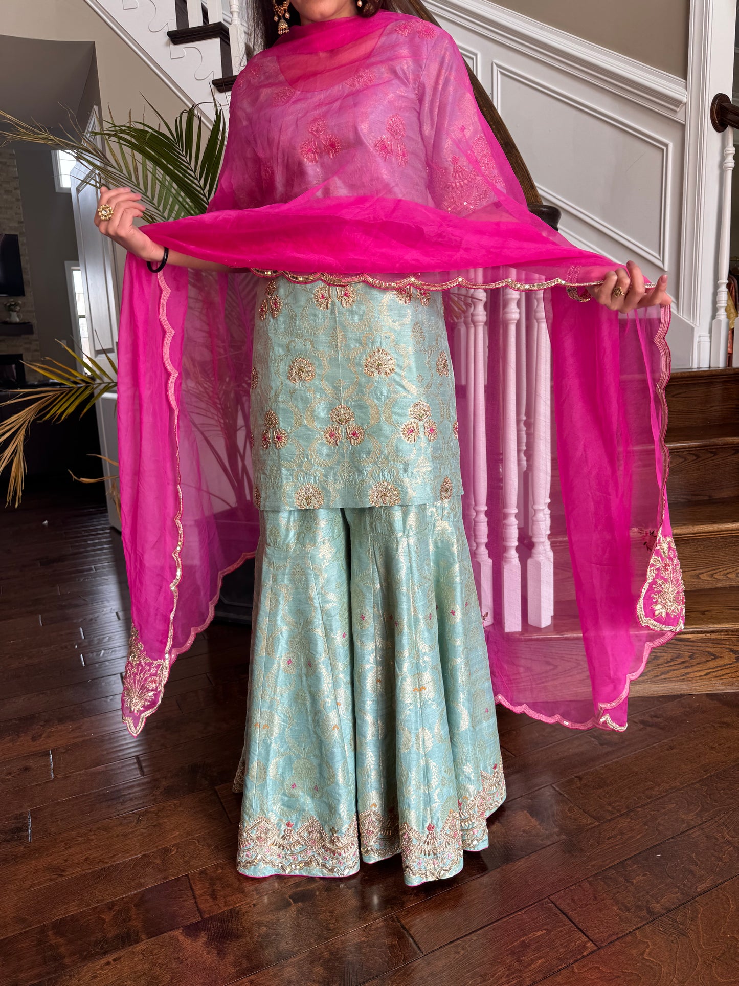 Aqua Zari Raw Silk Gharara Set with Organza Dupatta