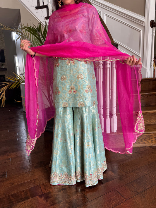 Aqua Zari Raw Silk Gharara Set with Organza Dupatta