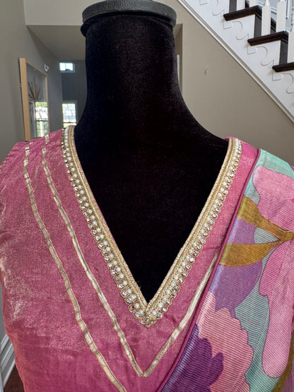 Floral Pink Tissue Chanderi Stripe Saree with Blouse