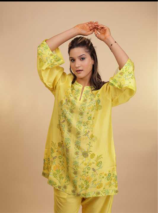 Sunshine Yellow Silk Coord Set with Delicate Embroidery