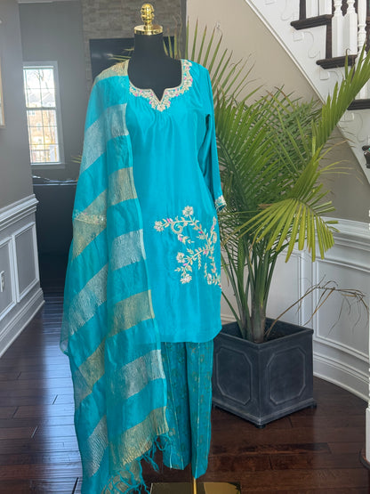 Teal Crepe Kurta Set with Hand Embroidery