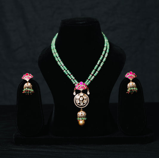 Kundan Pendant Necklace Set with Green Beads & Fan-Shaped Pink Meenakari Earrings