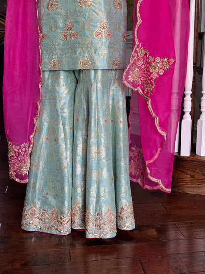 Aqua Zari Raw Silk Gharara Set with Organza Dupatta