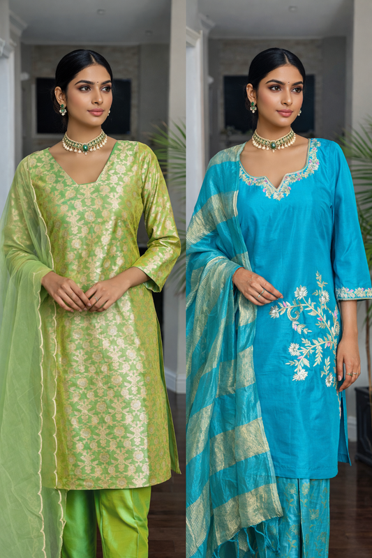 Lime Green Banarasi Silk Kurta Set
