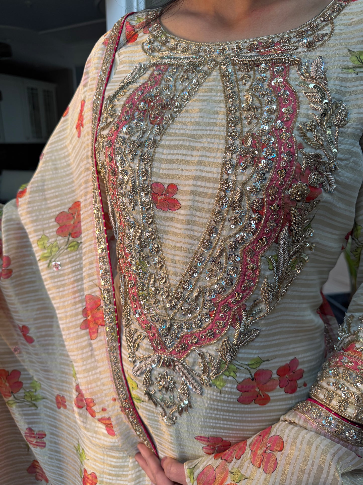 Tissue Chanderi Silk Suit Set with Handwork & Salwar – Soft Floral Ivory