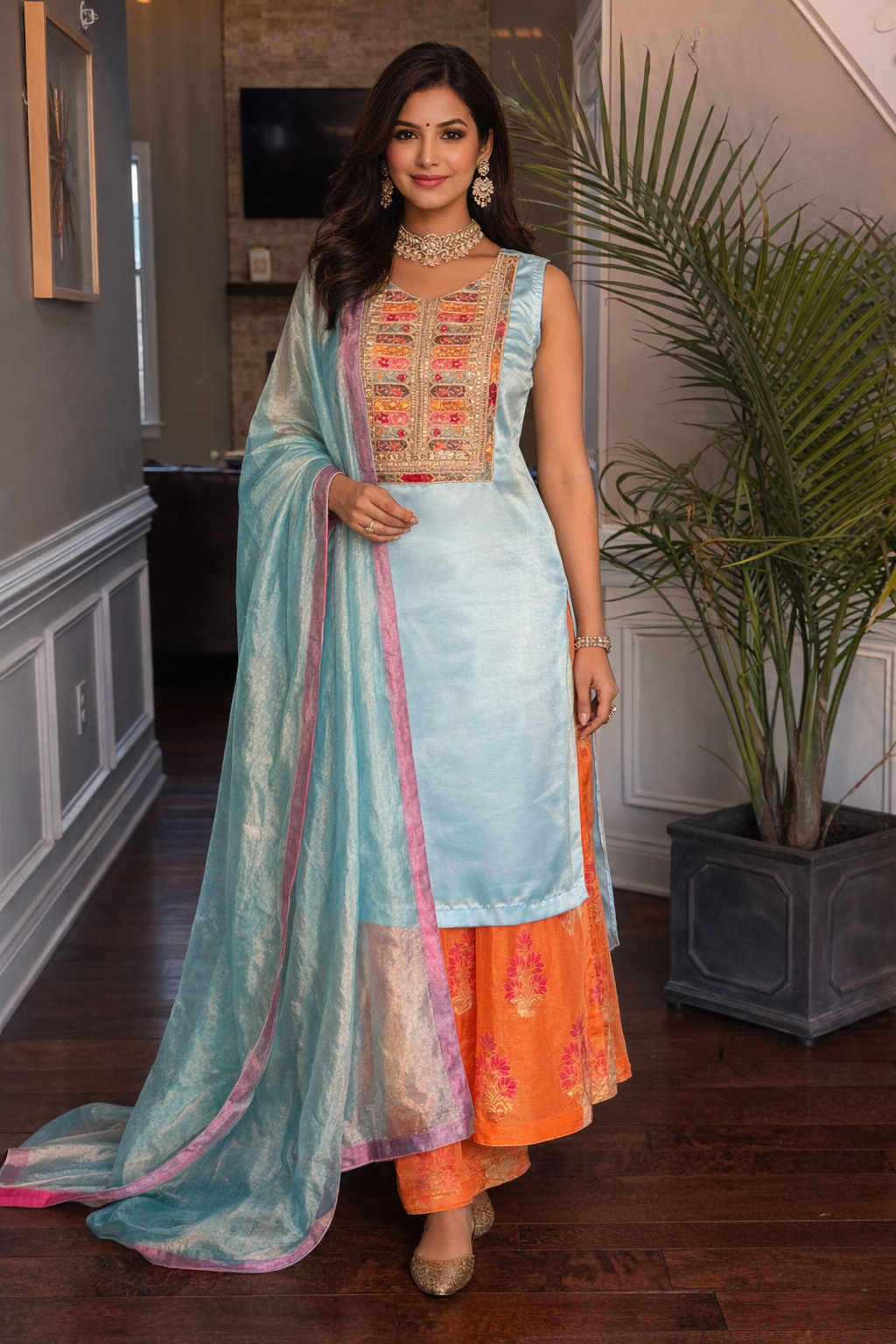 Sky Blue Semi-Banarasi Sharara Set