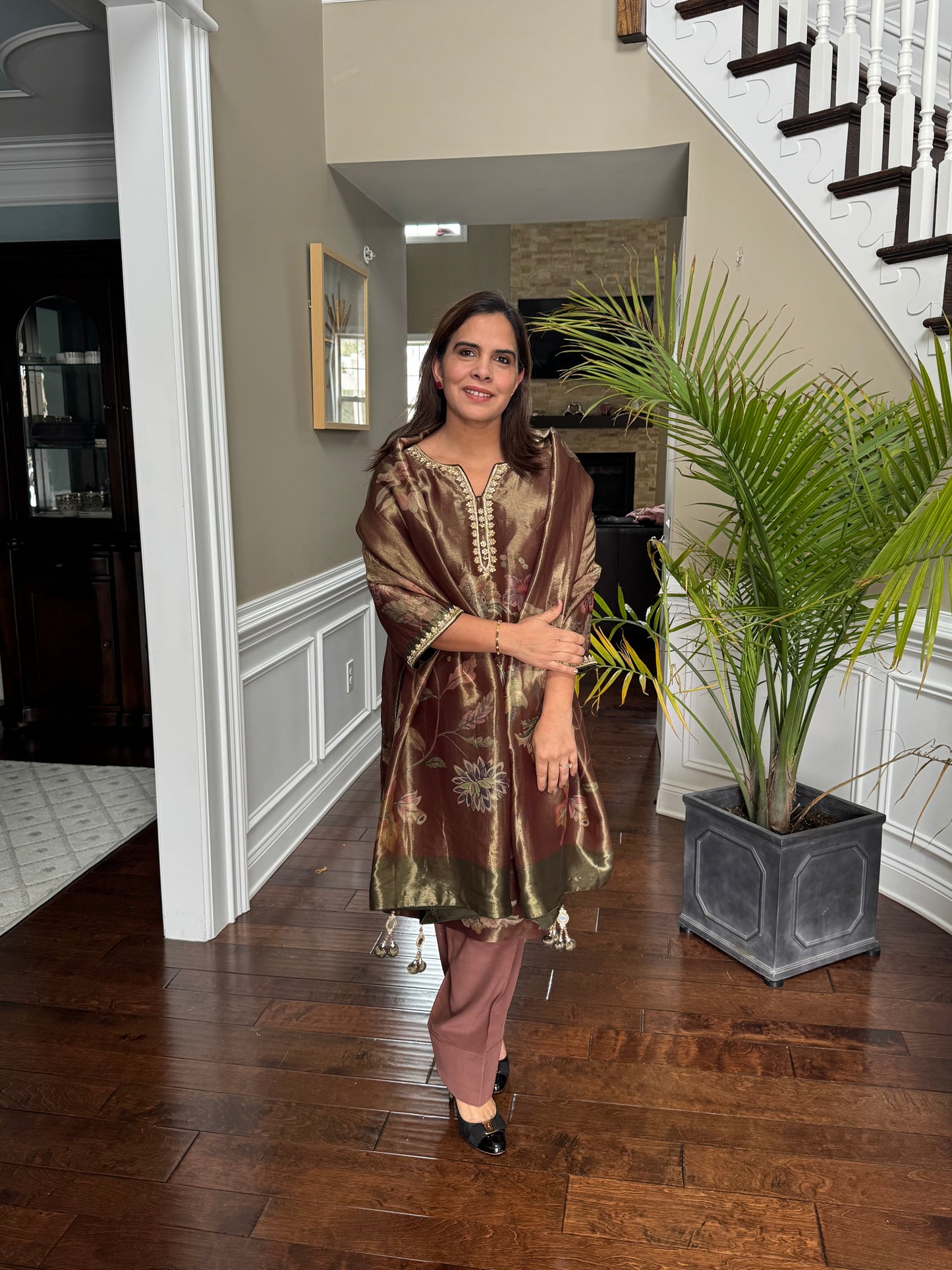 Pure Silk Tissue Suit with Zardozi Handwork & Crepe Salwar