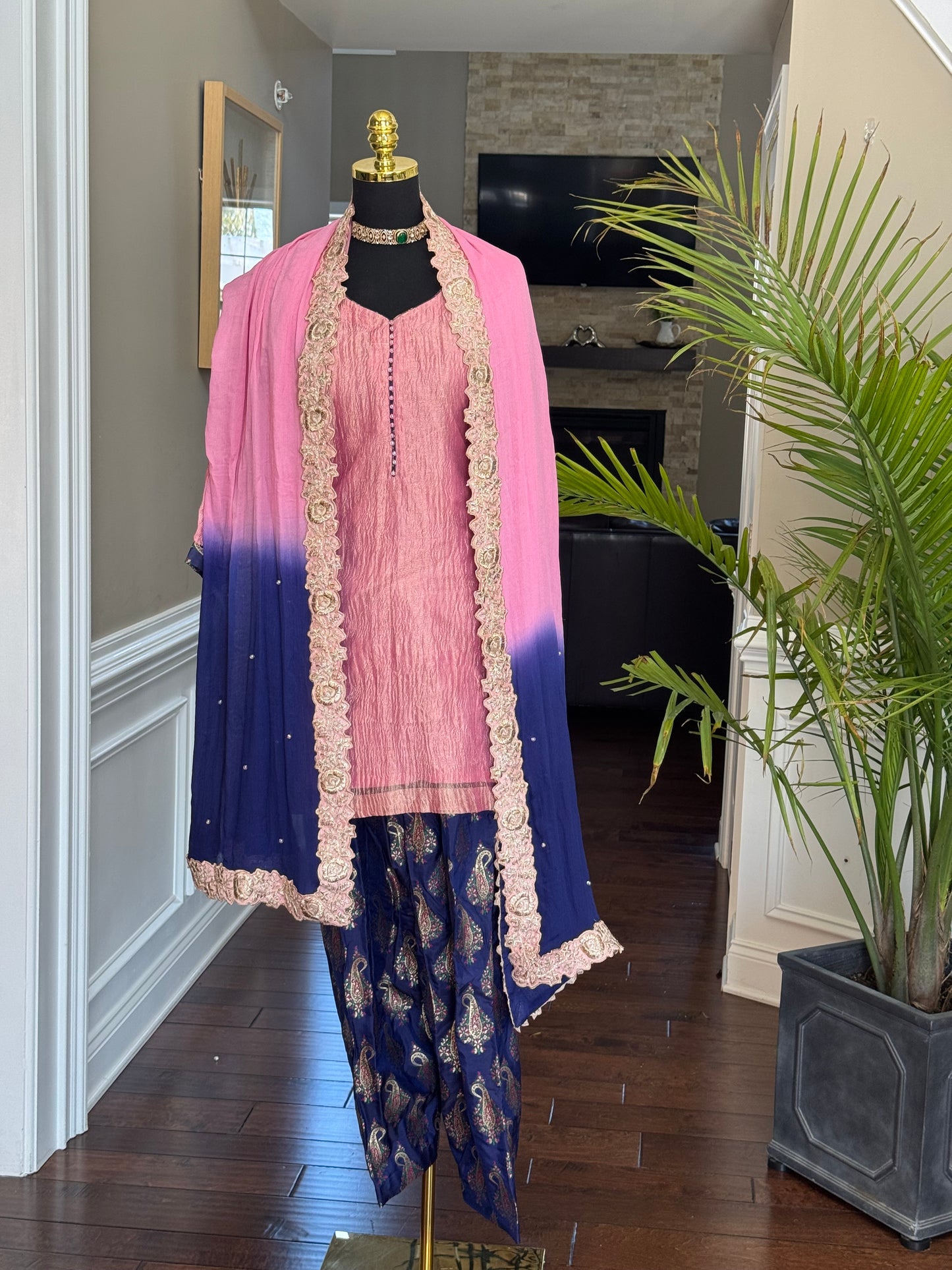 Crushed Tissue Kurta Set with Semi-Banarasi Salwar