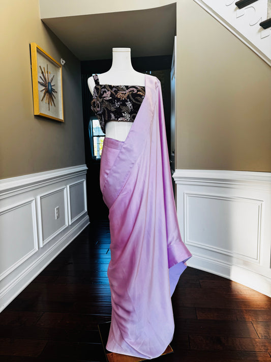 Lilac Satin Pre-Stitched Saree with Embroidered Net Blouse