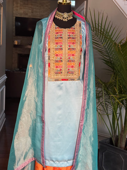 Sky Blue Semi-Banarasi Sharara Set