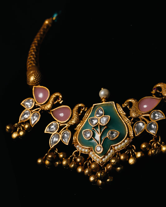 Antique Gold Meenakari Necklace Set with Kundan Accents