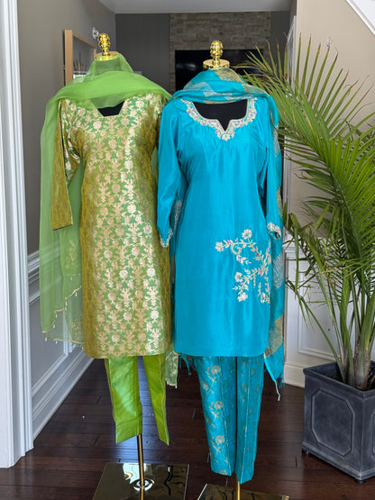 Lime Green Banarasi Silk Kurta Set