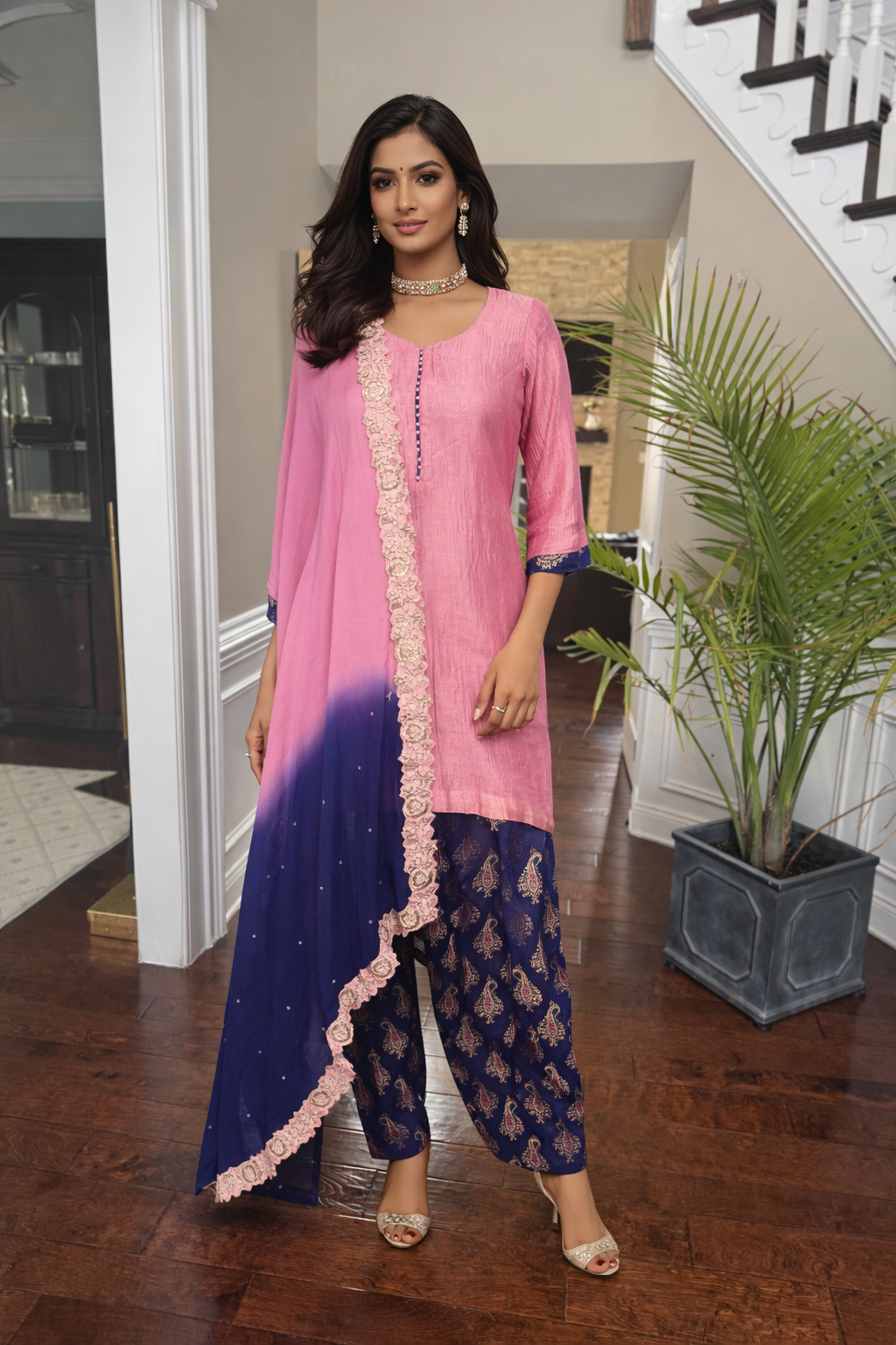 Crushed Tissue Kurta Set with Semi-Banarasi Salwar