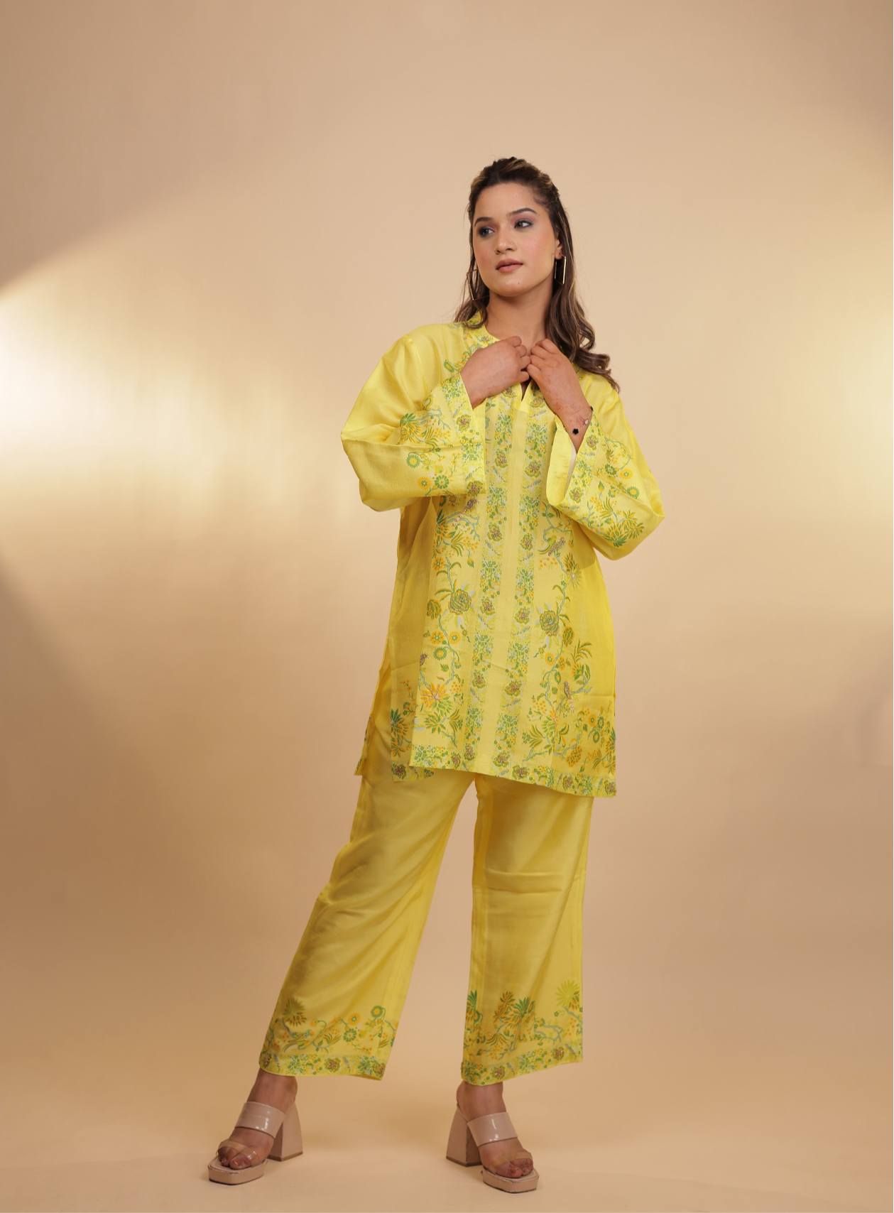 Sunshine Yellow Silk Coord Set with Delicate Embroidery