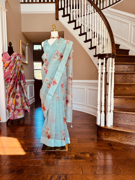 Floral Organza Saree with Stitched Blouse – Soft Aqua