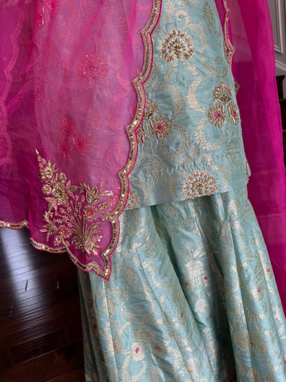 Aqua Zari Raw Silk Gharara Set with Organza Dupatta