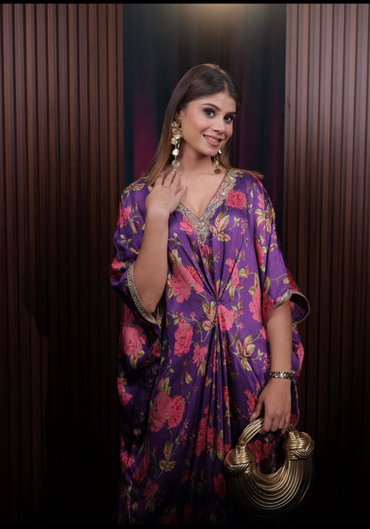 Purple Floral Modal Satin Kaftan with Hand Embroidered Neckline