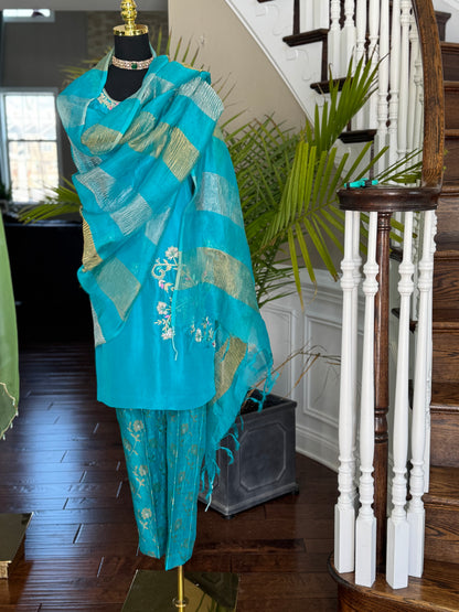 Teal Crepe Kurta Set with Hand Embroidery