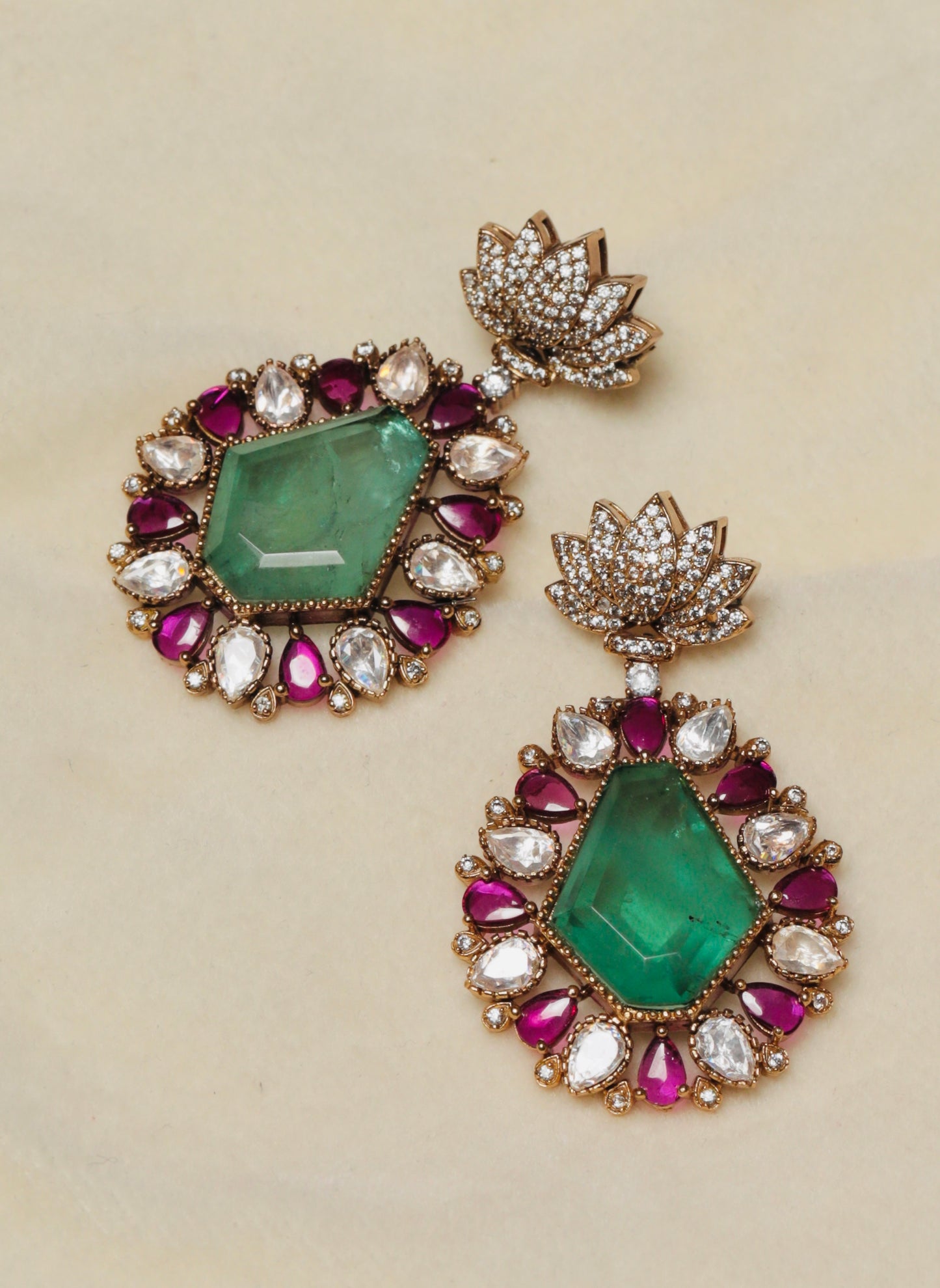 Lotus Top Statement Earrings with Green Center Stone & Ruby Kundan Accents