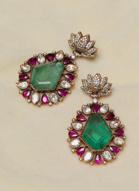 Lotus Top Statement Earrings with Green Center Stone & Ruby Kundan Accents