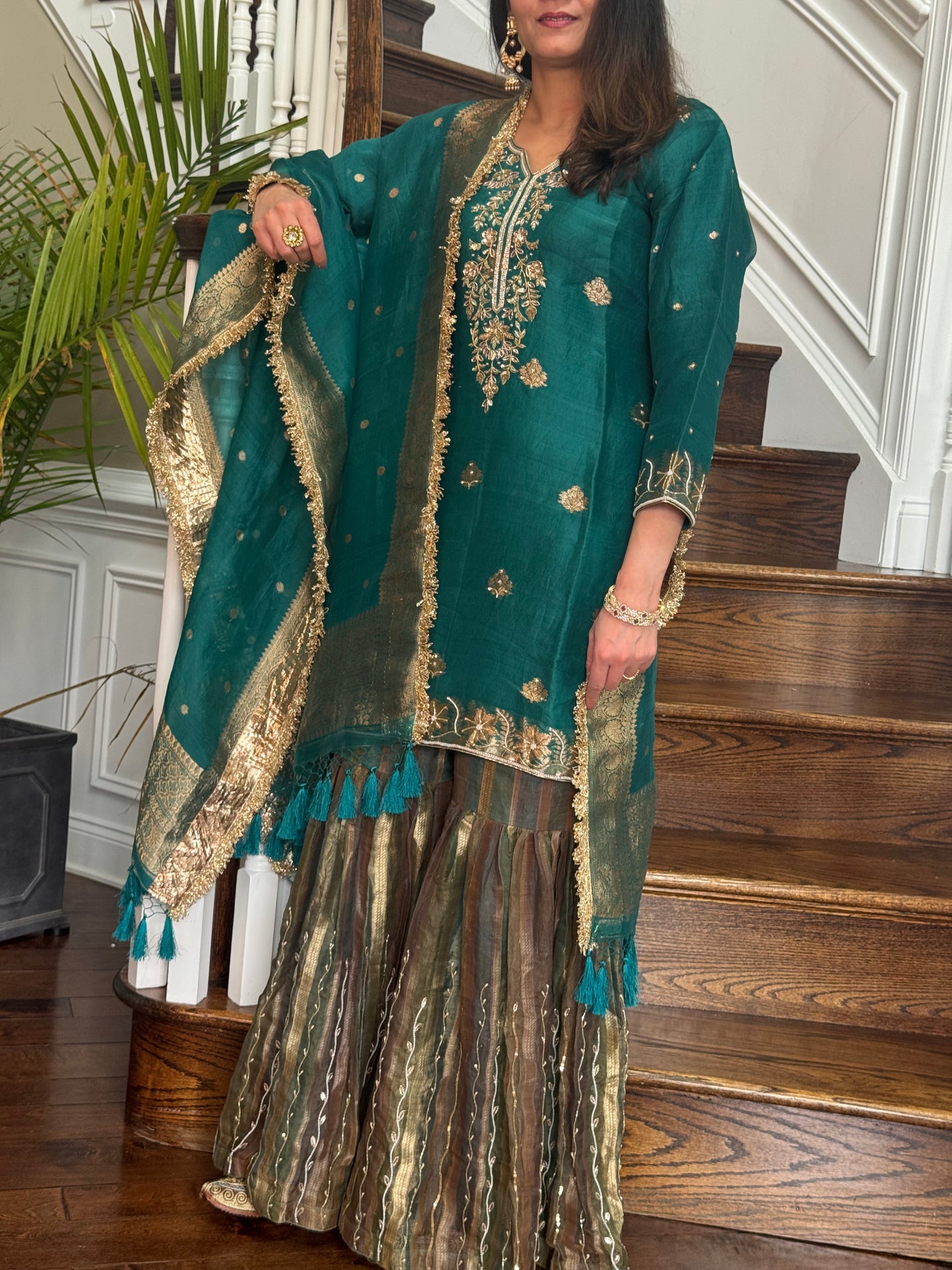 Green Organza gharara set