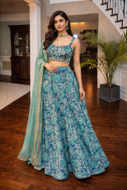 Floral Satin Lehenga Set with Cut Dana Embroidery & Tissue Silk Dupatta