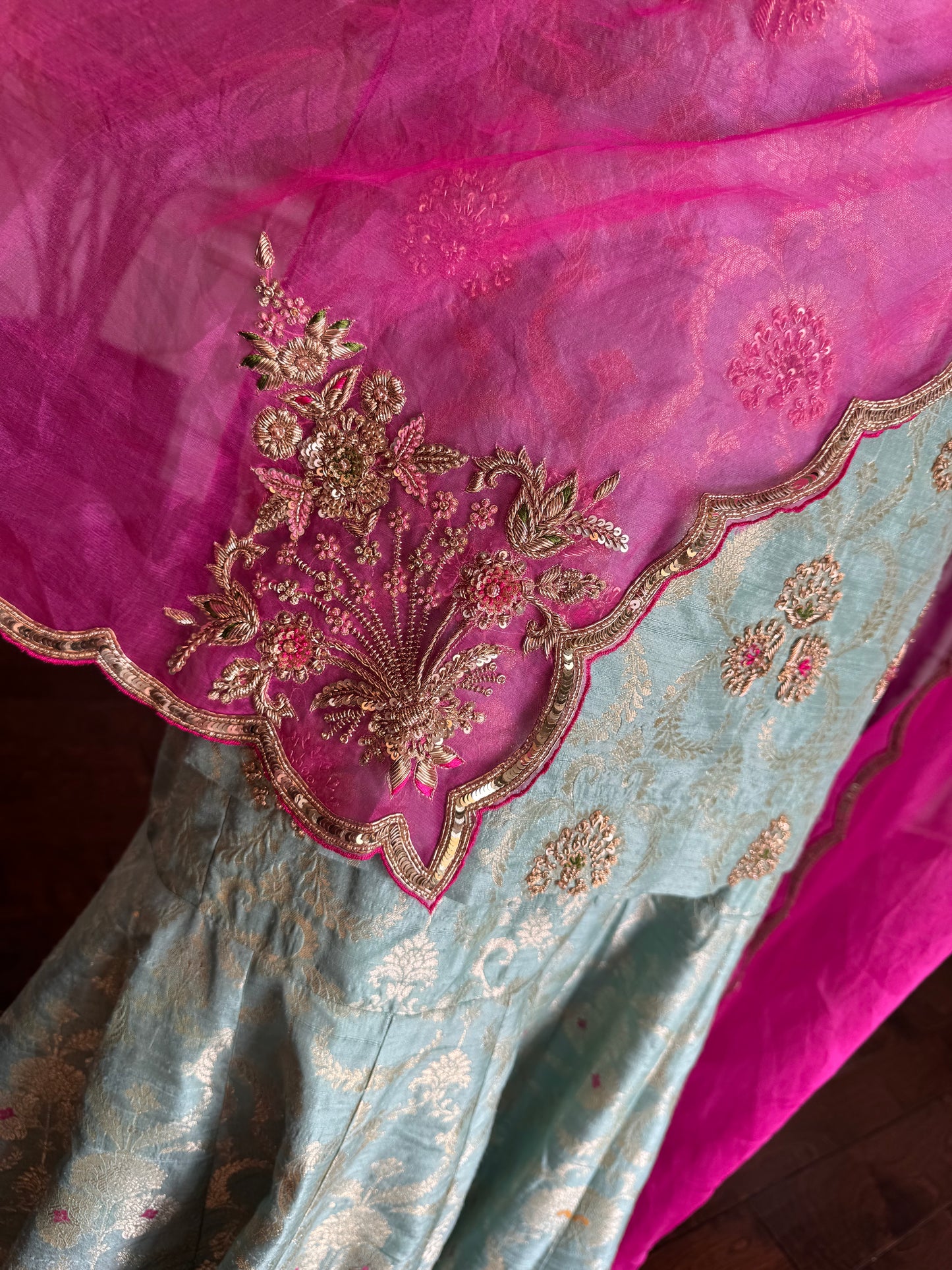 Aqua Zari Raw Silk Gharara Set with Organza Dupatta
