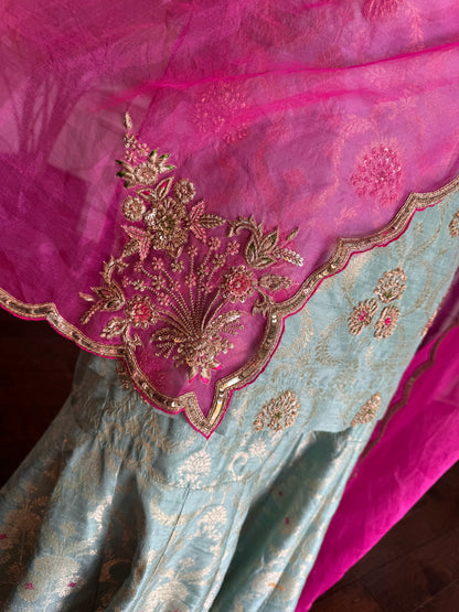 Aqua Zari Raw Silk Gharara Set with Organza Dupatta