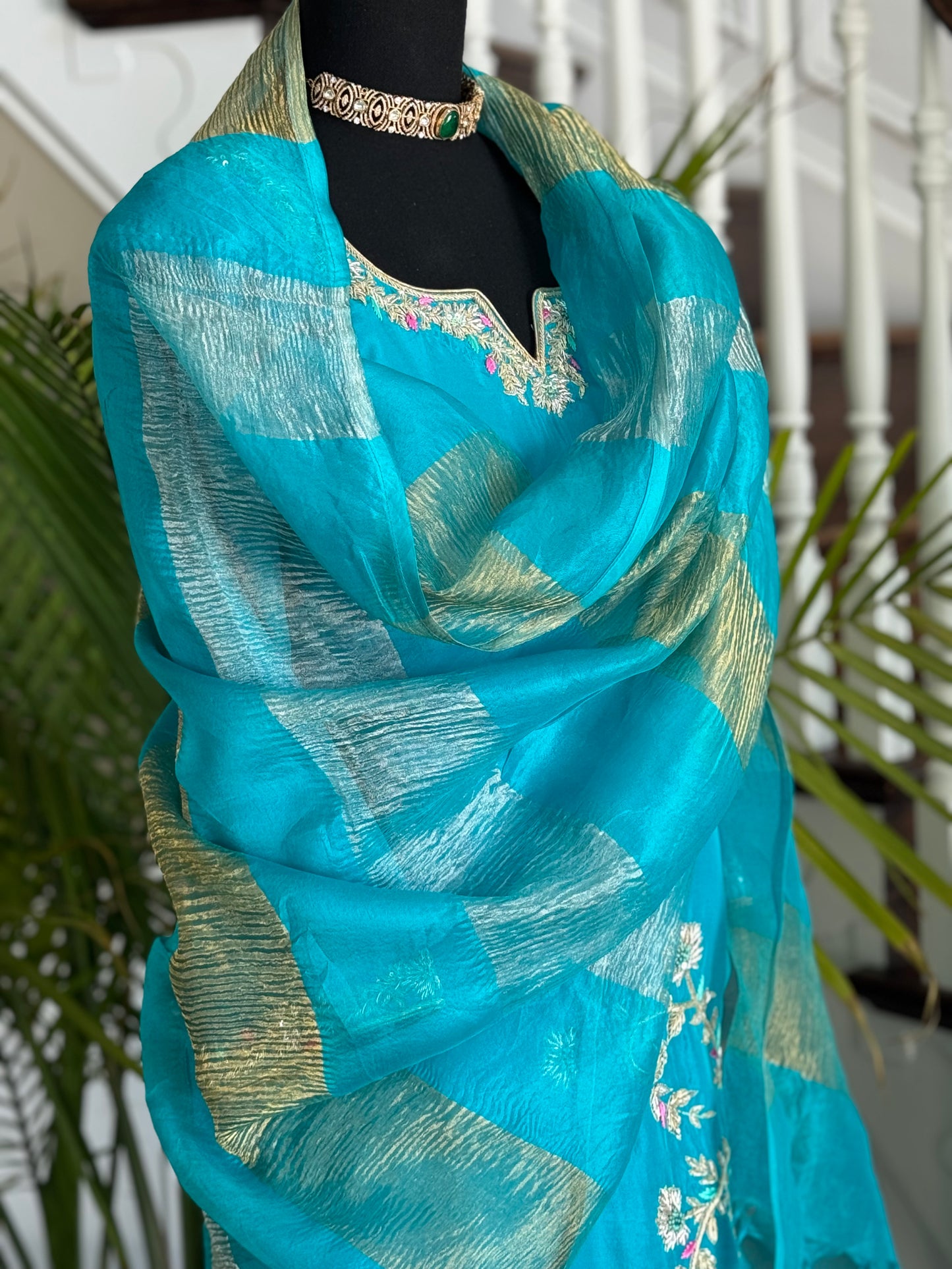 Teal Crepe Kurta Set with Hand Embroidery